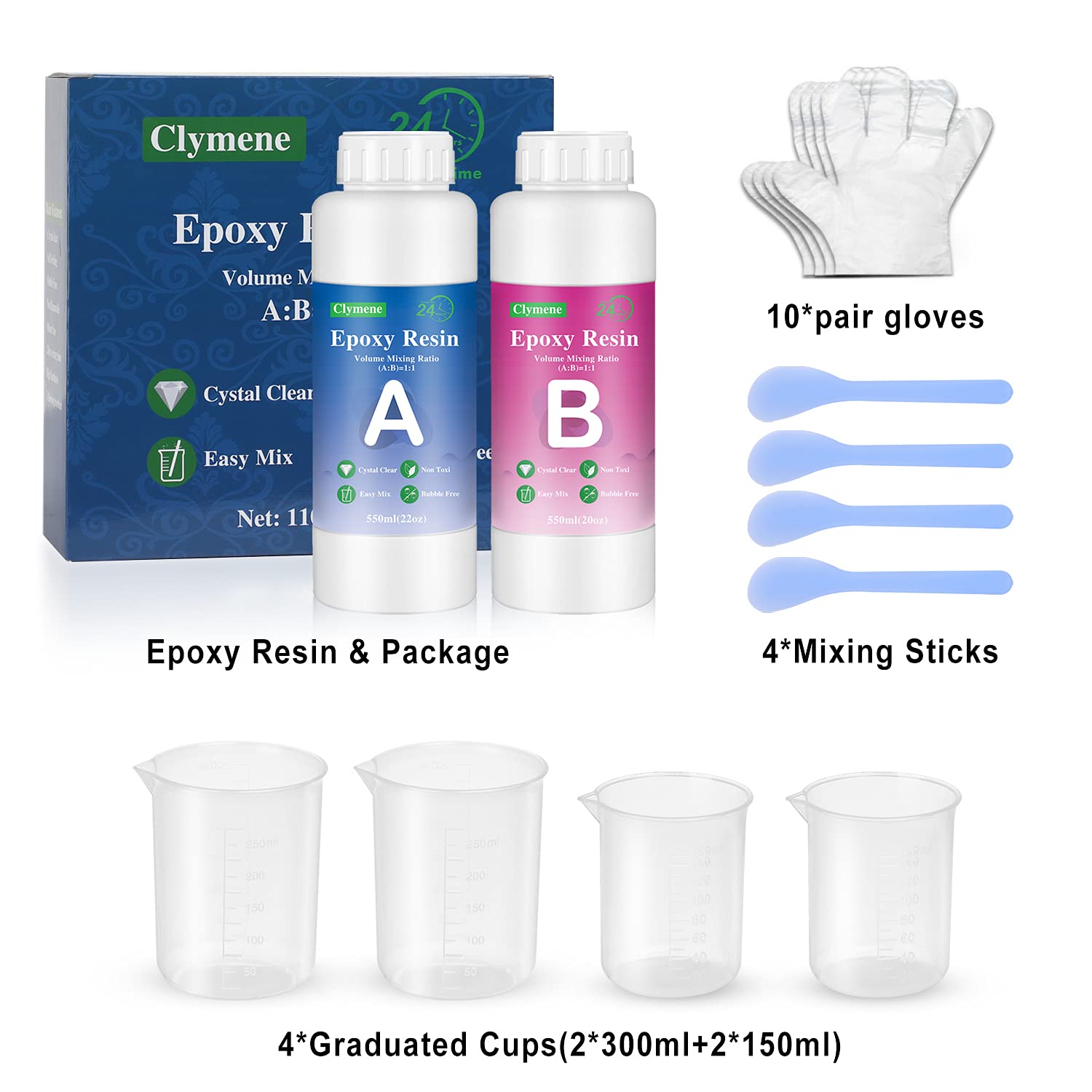 Epoxy Resin Kit, 42 oz / 1100 ml Crystal Clear Epoxy Resin for Art, Craft, Coating, Casting and Jewelry Making, Come with 4 Graduated Cups, 4 Stir Sticks and 10 Pairs Gloves