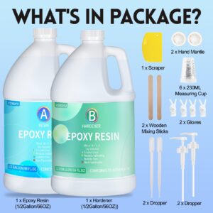 Epoxy Resin Kit - 1 Gallon Epoxy Resin Crystal Clear,Yellowing Resistant Fast Curing No Bubble for Casting Coating Art DIY Craft Jewelry Molds Wood Table 2 Part 1:1 Ratio(66oz Resin&66oz Hardene)…