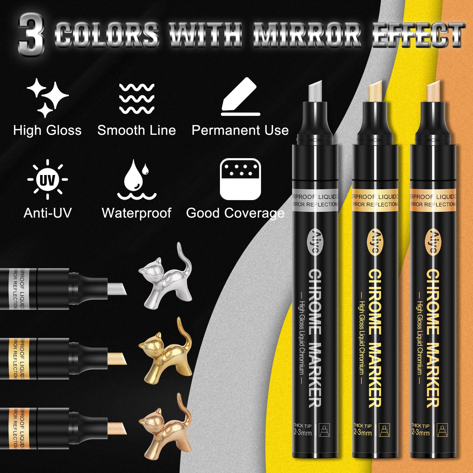 JDiction Mirror Chrome Markers, 3 Colors Permanent Metallic Markers, 2-5mm Larger Application Area, High Gloss, Waterproof, Chrome Paint Marker for Christmas Resin Crafts, Coloring, Painting