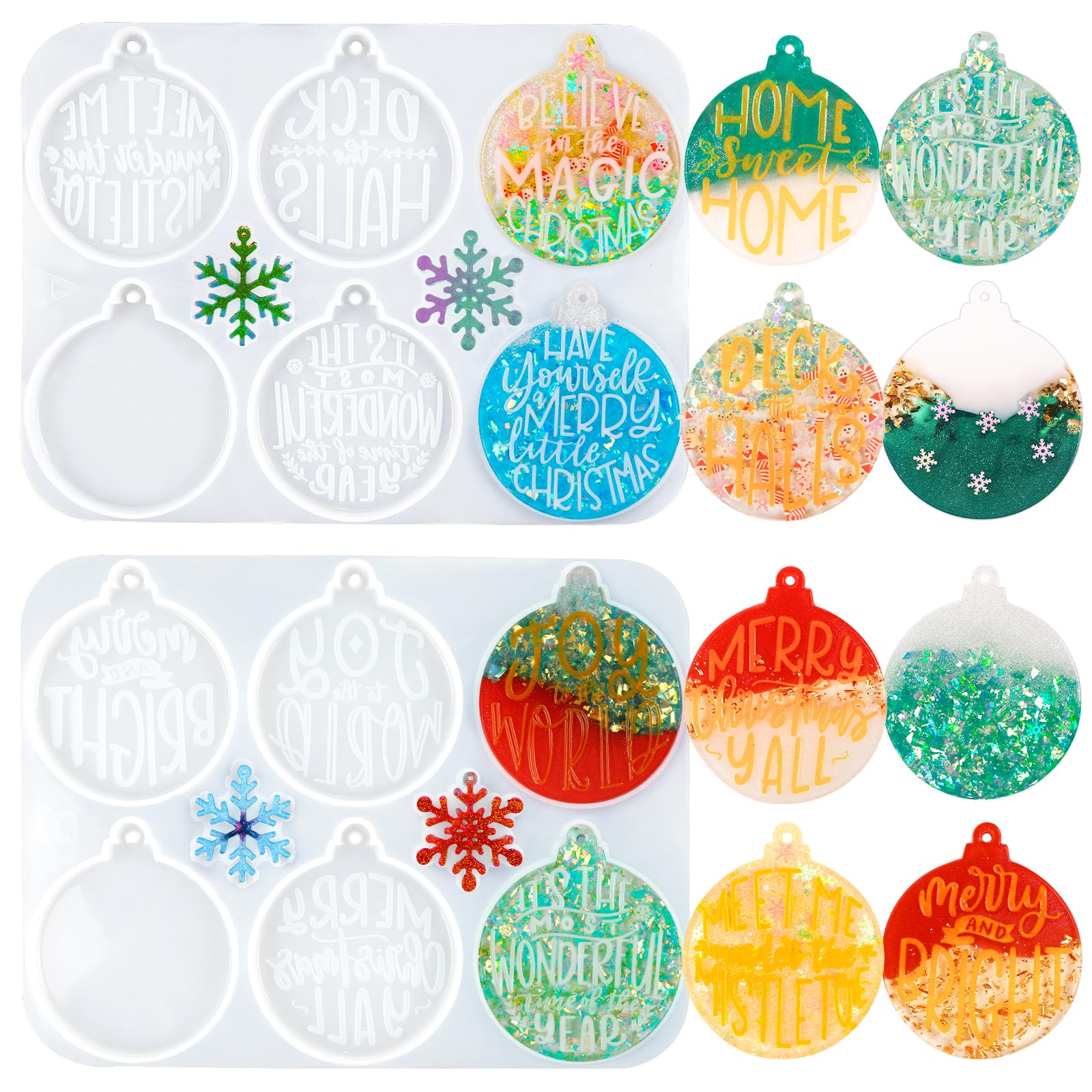 Vellibring Christmas Resin Molds Silicone, 2 Pieces Christmas Ornaments Molds Round Epoxy Resin Molds with Letter Snowflake for Resin Casting DIY Christmas Tree Pendant Home Decoration Crafts