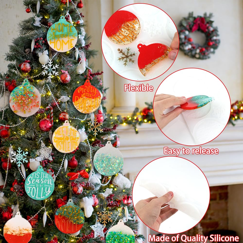 Vellibring Christmas Resin Molds Silicone, 2 Pieces Christmas Ornaments Molds Round Epoxy Resin Molds with Letter Snowflake for Resin Casting DIY Christmas Tree Pendant Home Decoration Crafts