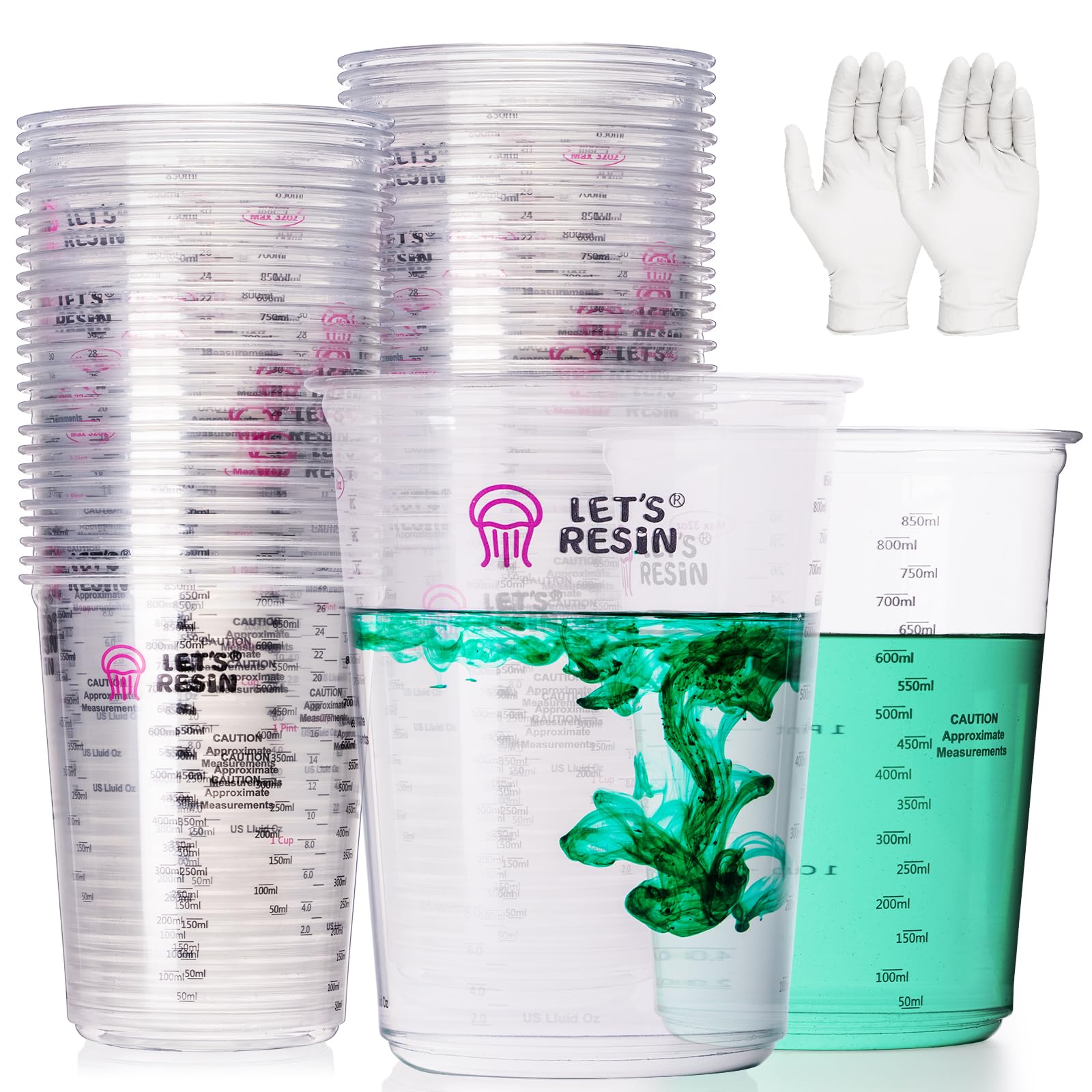 LET'S RESIN Resin Mixing Cups, 50pcs 32oz(1000ml) 2 Scales Accurate Paint Mixing Cup with Protective Gloves, Sturdy & Thick Disposable Measuring Cups for Paint, LET'S RESIN Auto Mixer