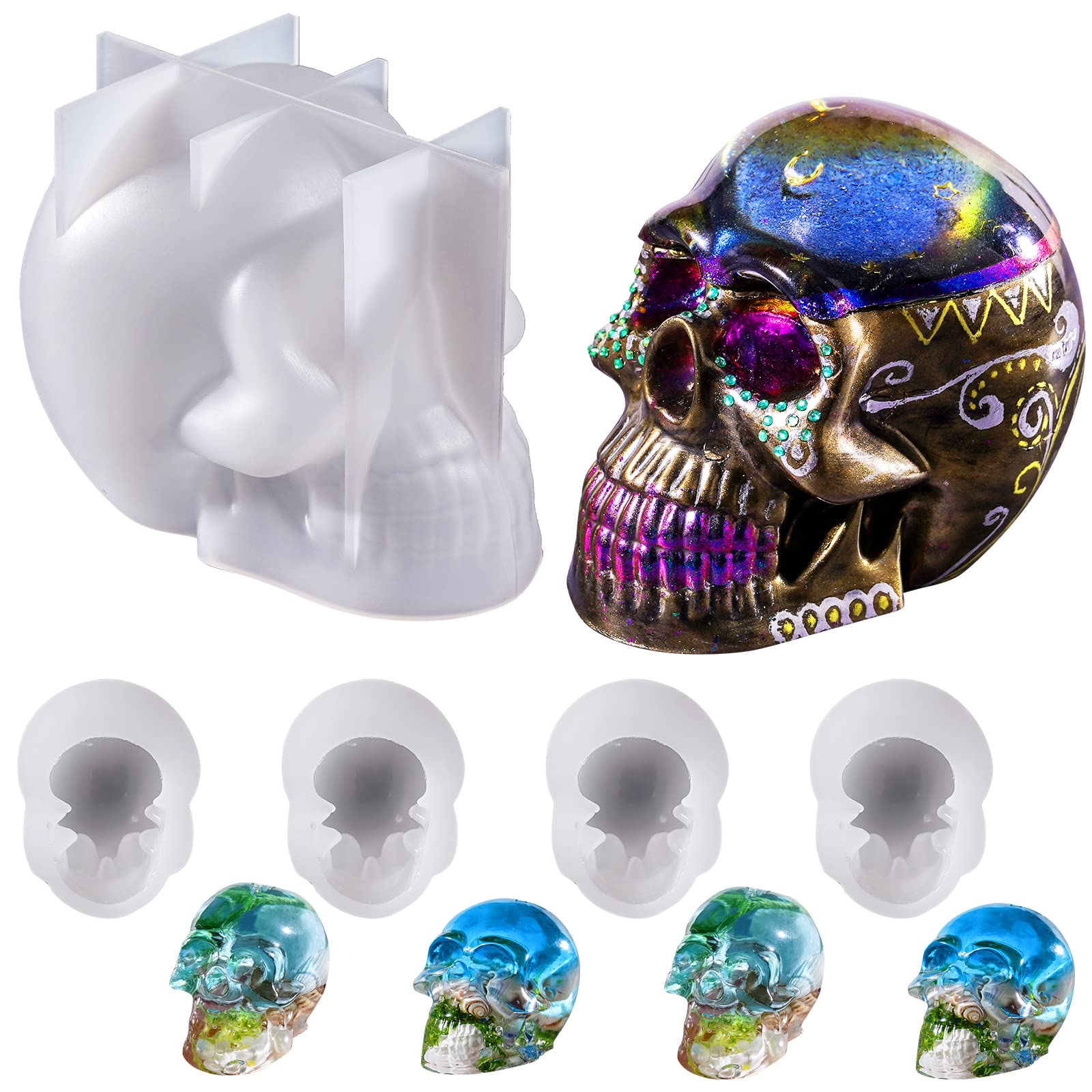 LET'S RESIN Resin Molds Silicone, 1 Pc Large Silicone Skull Epoxy Molds with 4 Pcs Small Skeleton Epoxy Resin Molds for Resin Casting Art Crafts, Candle Making, Home Decor, Pendants, Keychains