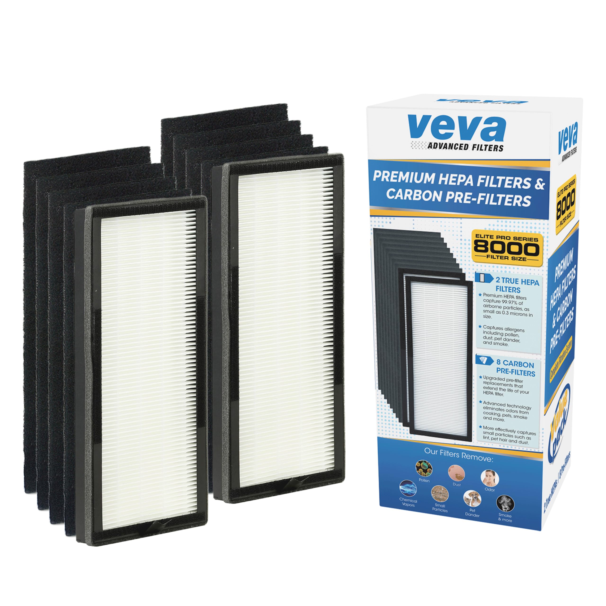 VEVA 8000 Elite Pro Series Air Purifier 2 HEPA & 8 Carbon Pre-Filters Activated Carbon Pre Filters Removes Allergens, Smoke, Dust, Pet Dander & Odor Air Cleaner Home & Office, 325 Sq Ft.