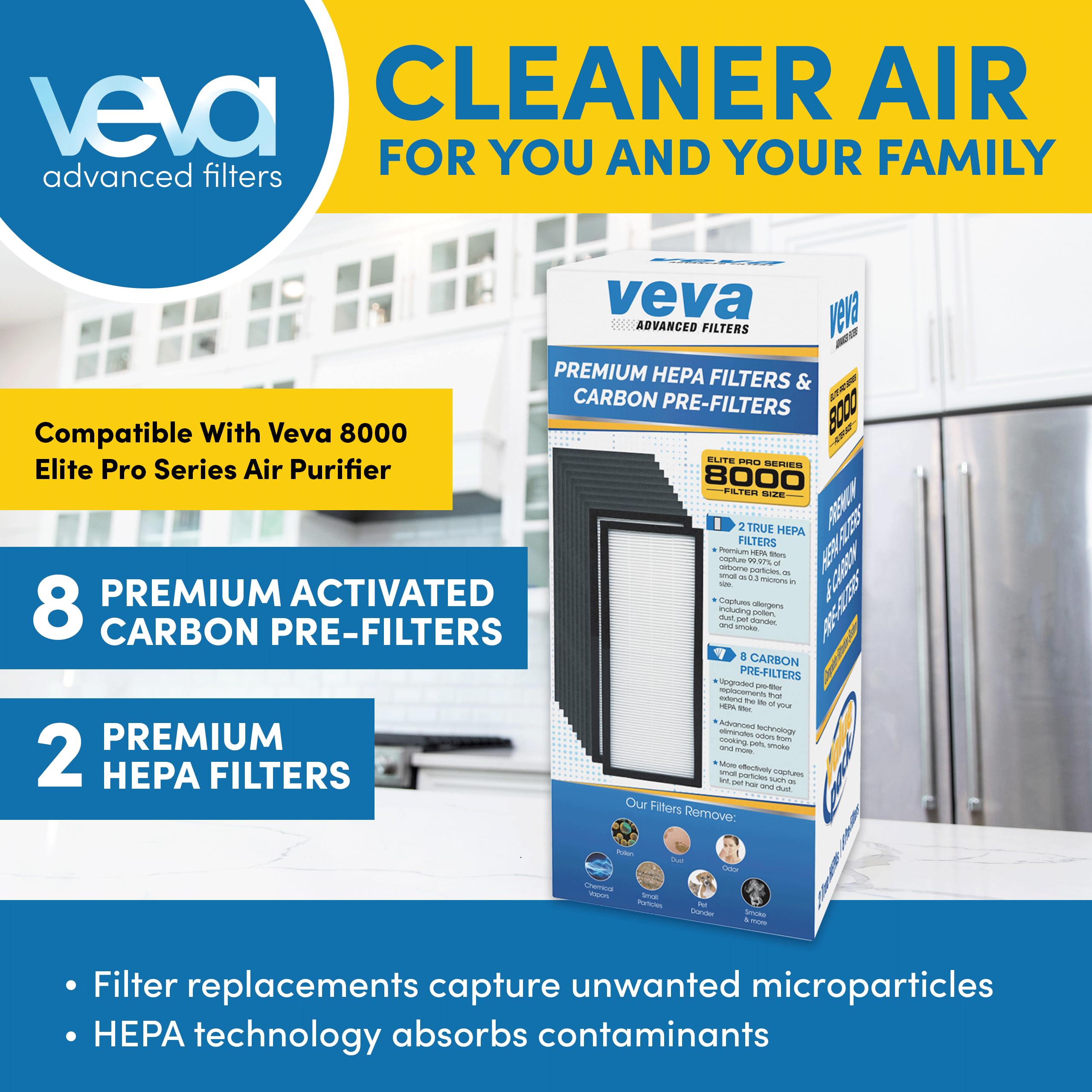 VEVA 8000 Elite Pro Series Air Purifier 2 HEPA & 8 Carbon Pre-Filters Activated Carbon Pre Filters Removes Allergens, Smoke, Dust, Pet Dander & Odor Air Cleaner Home & Office, 325 Sq Ft.