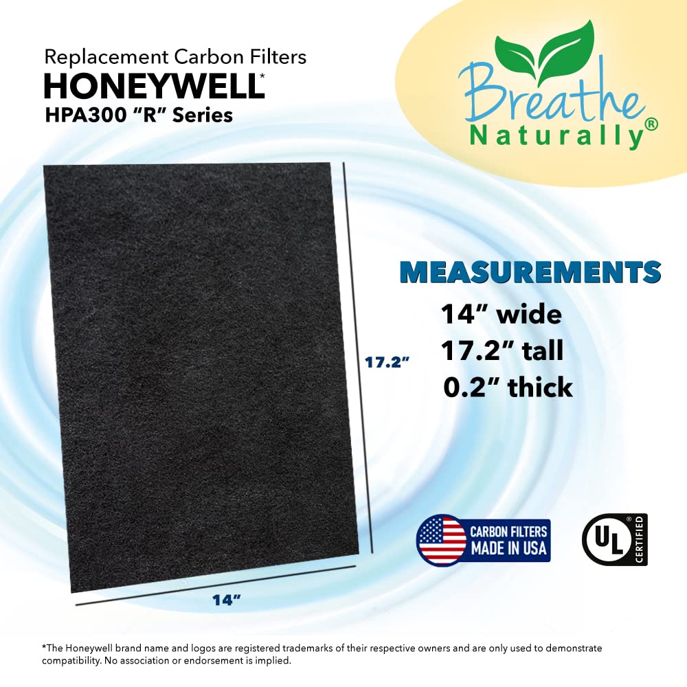 Breathe Naturally "R" Replacement Filters Compatible with Honeywell Air Purifier HPA300 or HRF-R3 Series - Activated Carbon Prefilter - Made in USA - 14"x17.2"x0.2" (Pack of 4 Carbon Prefilters)