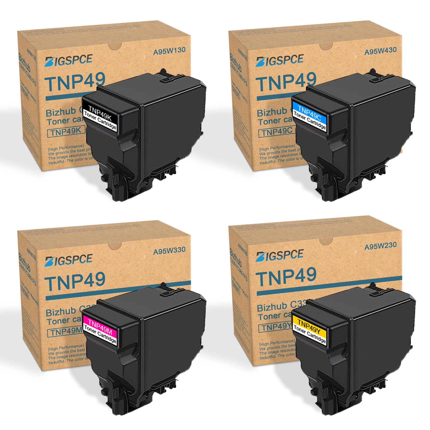 TNP49 High Capacity Toner Cartridge set (4-Pack, Black/Cyan/Magenta/Yellow) - Bigsp Compatible TNP49K TNP49C TNP49M TNP49Y Toner Cartridge Replacement for Konica Minolta Bizhub C3351, C3851FS Printer