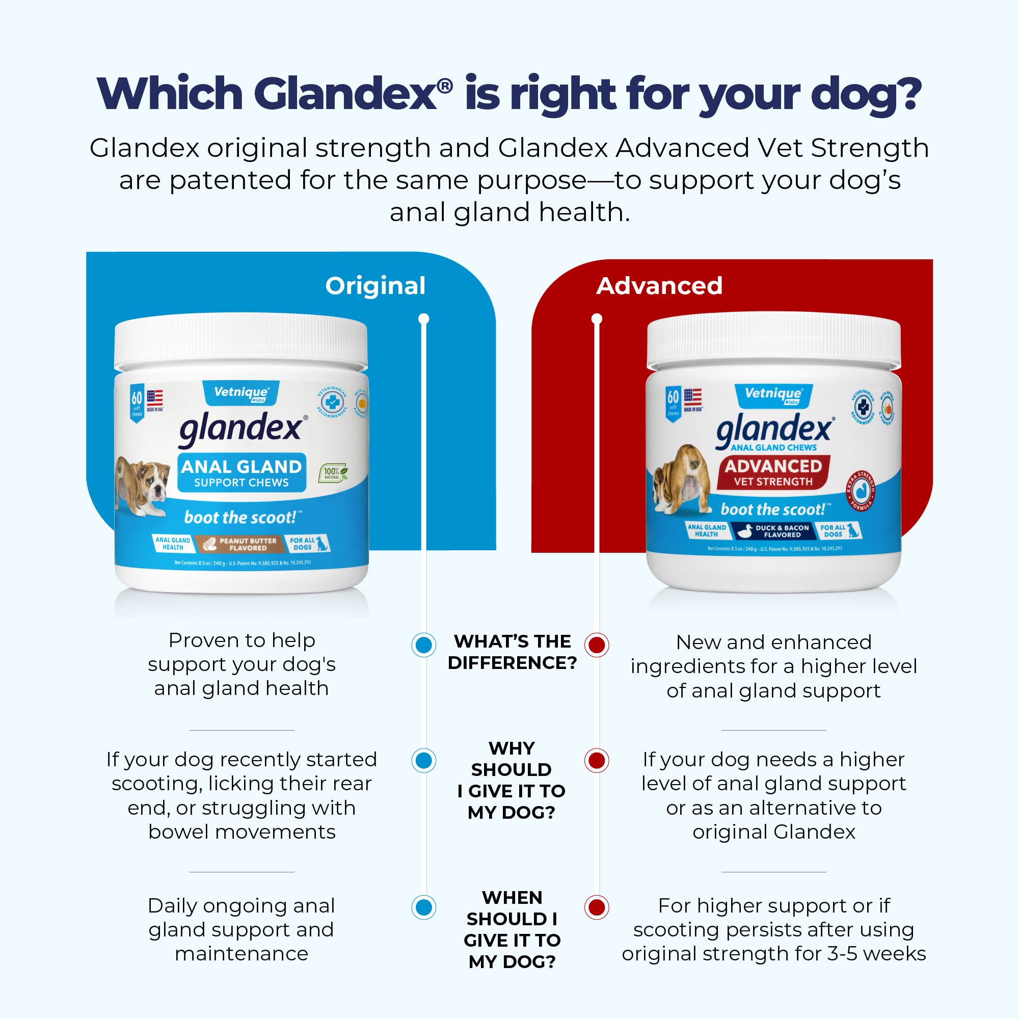 Glandex Anal Gland Soft Chew Treats with Pumpkin for Dogs Digestive Enzymes, Probiotics Fiber Supplement for Dogs Boot The Scoot (Advanced Strength Duck/Bacon Chews (Vegetarian), 120ct)