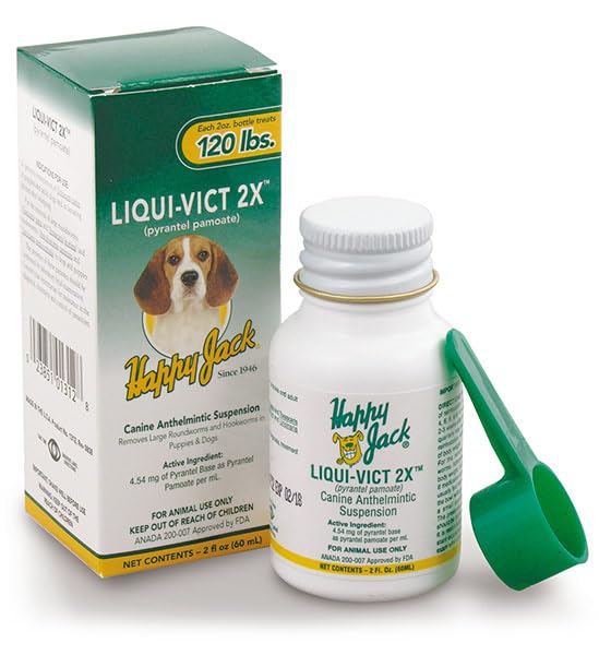 Happy Jack Liqui-Vict 2X Liquid Dog Dewormer for Large, Medium & Small Breeds (2 oz), Wormer Removes 2 Types of Roundworms & 2 Types of Hookworms, for Puppies to Seniors to Lactating Moms