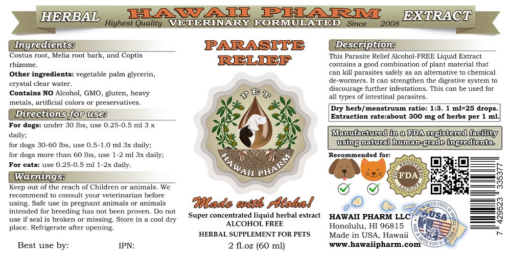 HawaiiPharm Parasite Relief, Veterinary Natural Alcohol-Free Liquid Extract, Pet Herbal Supplement 2 oz