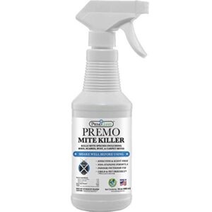 mite killer spray by premo guard – treatment for dust spider bird rat mouse carpet and scabies mites – fast acting 100% effective – child & pet safe – best natural extended protection (16 oz)