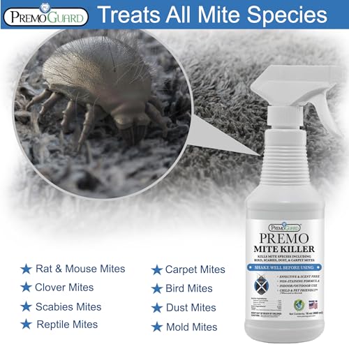 Mite Killer Spray by Premo Guard – Treatment for Dust Spider Bird Rat Mouse Carpet and Scabies Mites – Fast Acting 100% Effective – Child & Pet Safe – Best Natural Extended Protection (16 oz)