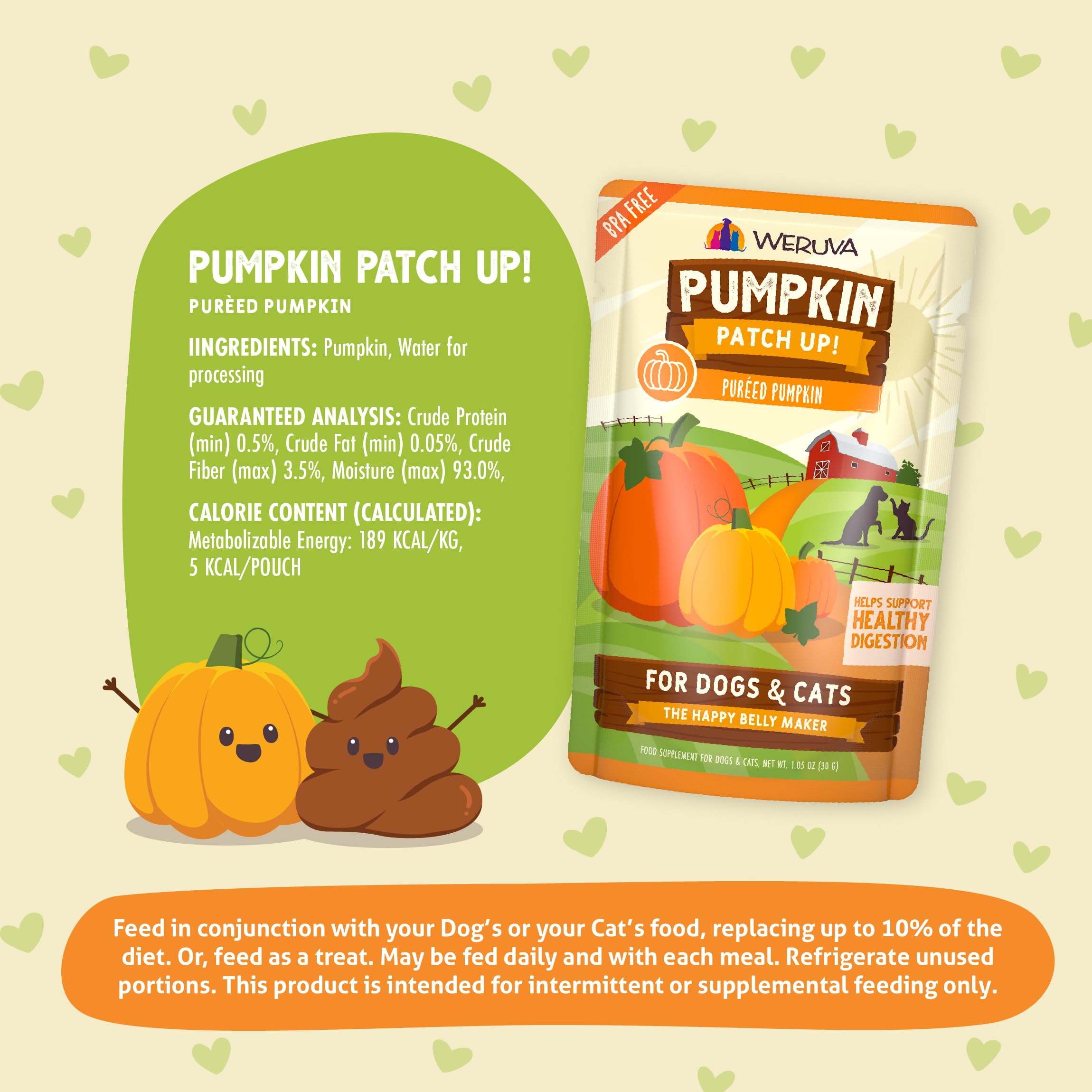 Weruva Pumpkin Patch Up! Pumpkin Puree Pet Food Supplement for Dogs & Cats, 1.05oz Pouch (Pack of 12)