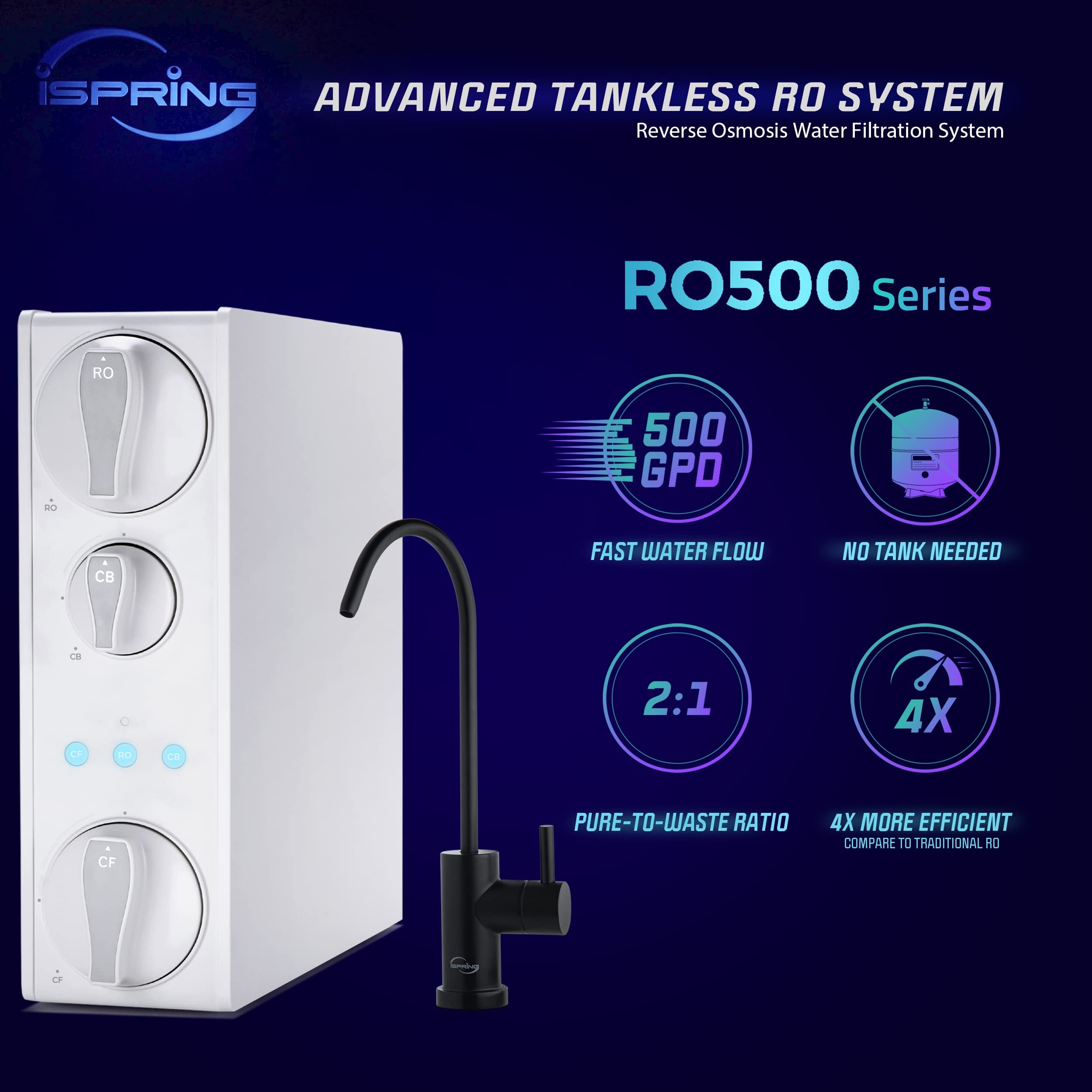 iSpring RO500AK-ORB Tankless RO Reverse Osmosis Water Filtration System, 500 GPD Fast Flow, Oil Rubbed Faucet, 2:1 Pure to Drain Ratio, White & F3-RO500AK 1-Year Replacement Filter Pack