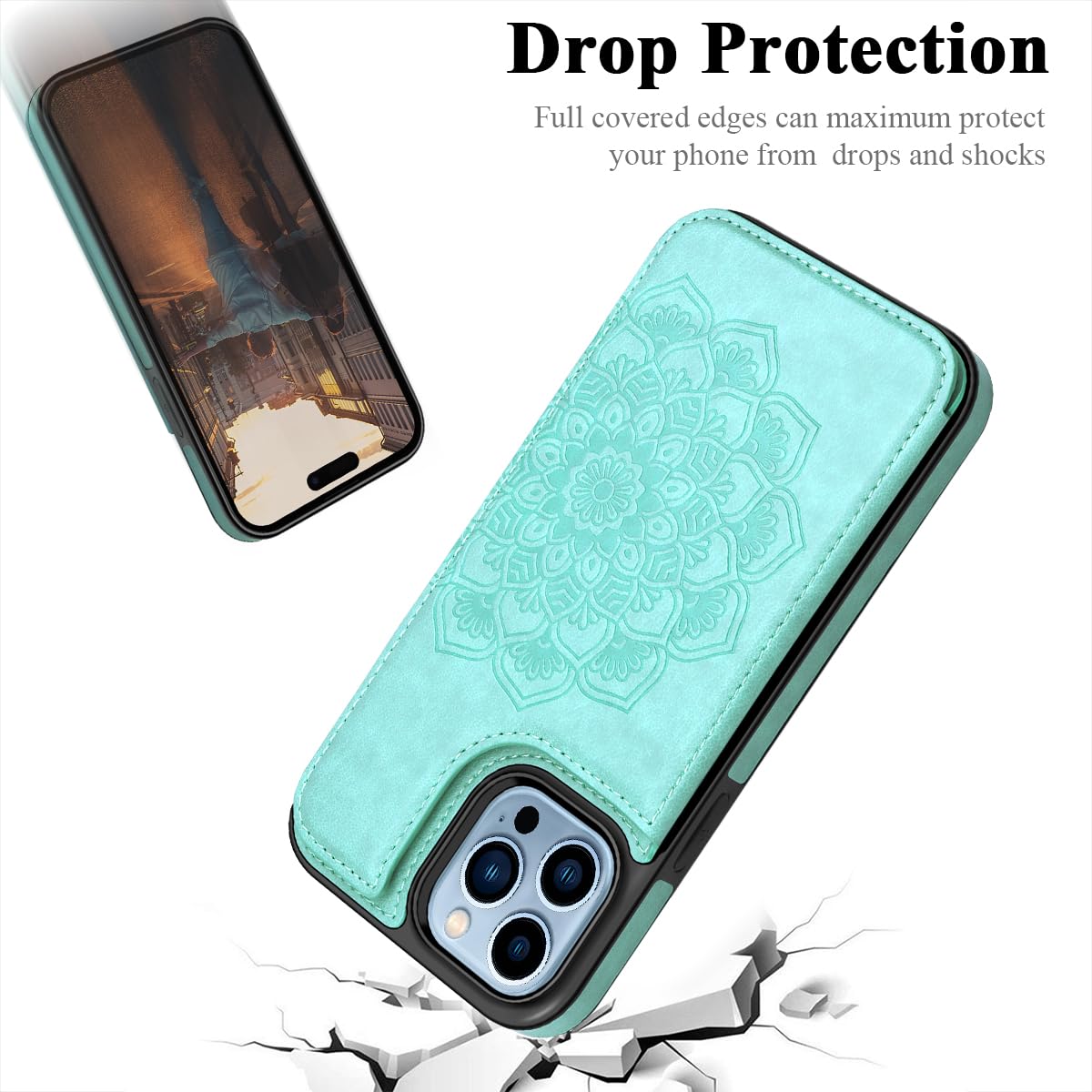 MMHUO for iPhone 15 Pro Max Case with Card Holder, Flower Magnetic Back Flip Case for iPhone 15 Pro Max Wallet Case for Women, Protective Case Phone Case for iPhone 15 Pro Max,Mint