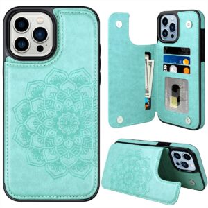 mmhuo for iphone 15 pro max case with card holder, flower magnetic back flip case for iphone 15 pro max wallet case for women, protective case phone case for iphone 15 pro max,mint