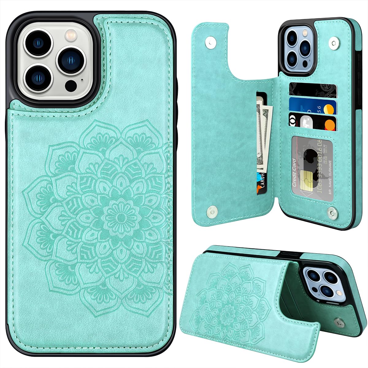 MMHUO for iPhone 15 Pro Max Case with Card Holder, Flower Magnetic Back Flip Case for iPhone 15 Pro Max Wallet Case for Women, Protective Case Phone Case for iPhone 15 Pro Max,Mint