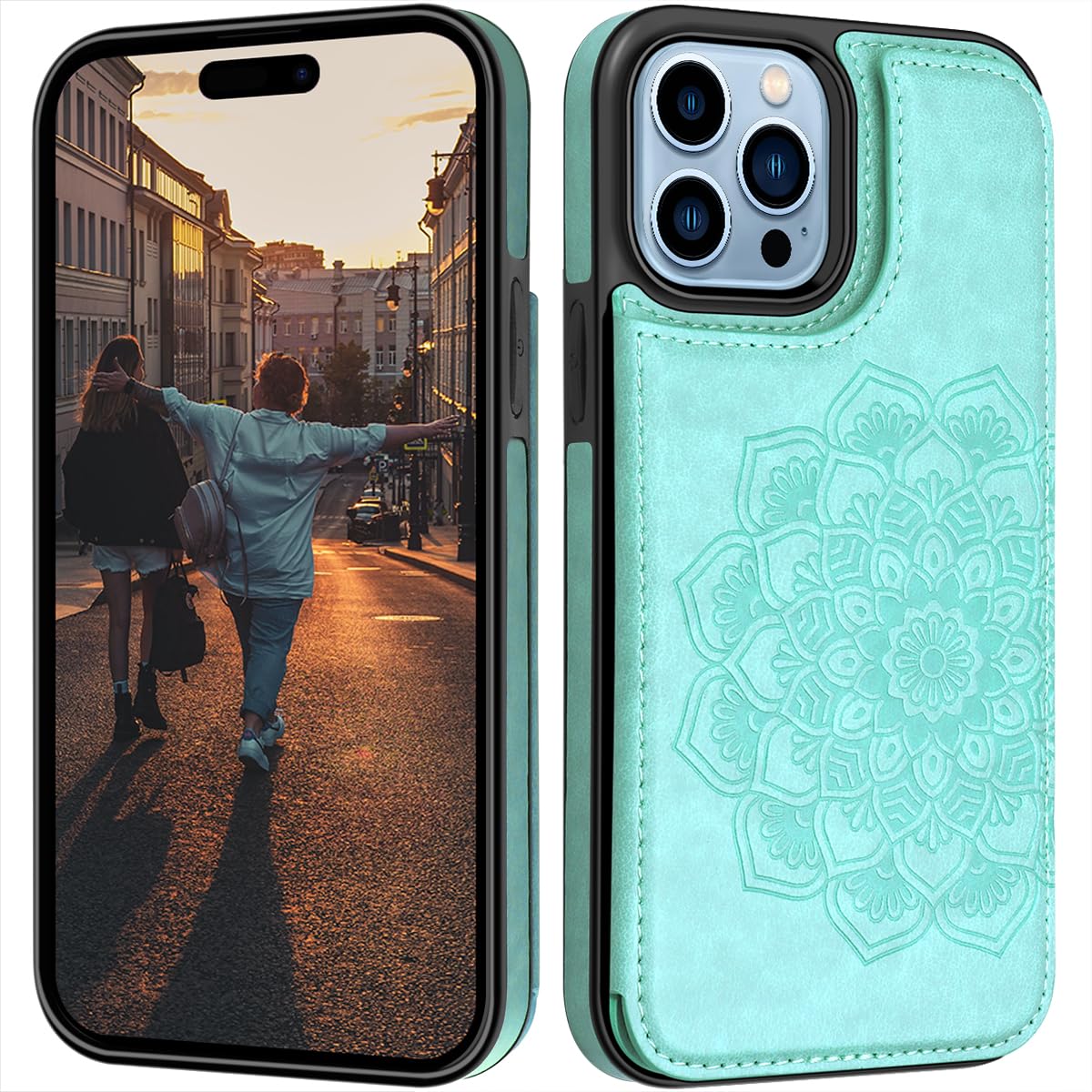 MMHUO for iPhone 15 Pro Max Case with Card Holder, Flower Magnetic Back Flip Case for iPhone 15 Pro Max Wallet Case for Women, Protective Case Phone Case for iPhone 15 Pro Max,Mint