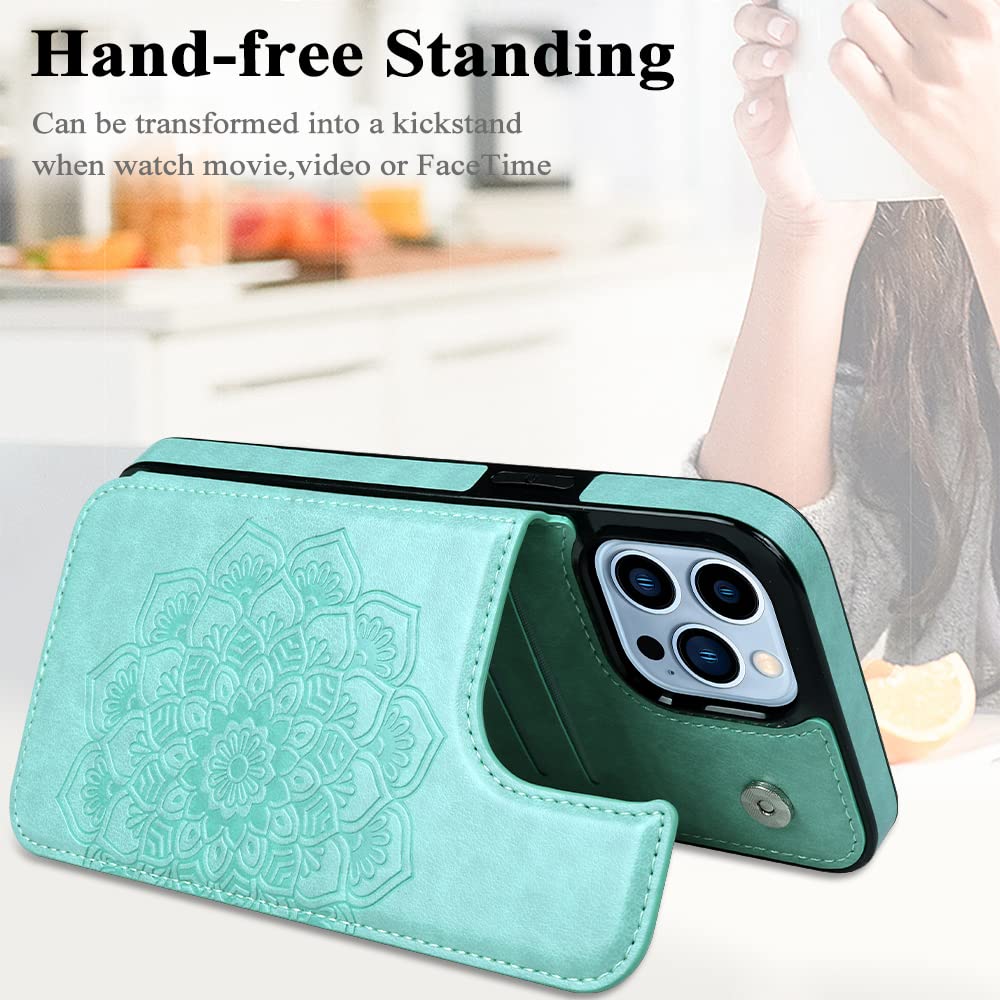 MMHUO for iPhone 15 Pro Max Case with Card Holder, Flower Magnetic Back Flip Case for iPhone 15 Pro Max Wallet Case for Women, Protective Case Phone Case for iPhone 15 Pro Max,Mint