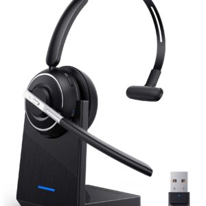 PrancyBt Bluetooth Headset, Wireless Headset with Microphone for PC, V5.2 Computer Headset with Noise Cancelling Mic, USB Dongle, Charging Base & Mute Button for Work, Cell Phones, Computer (Black)