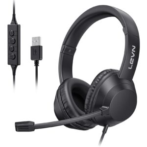 levn headset with mic, usb headset with microphone, computer headset with noise cancelling microphone for laptop pc, mute in-line controls, wired headset for work from home/open office/call cente