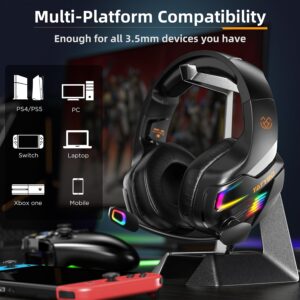 Tatybo Gaming Headset for PS5, PS4, PC, Gaming Headphones with Noise Cancelling Microphone, Over-Ear Gamer Headset with Stereo Sound for Laptop Switch Xbox (Black)