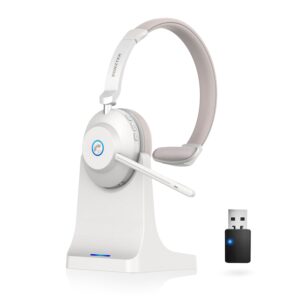 bluetooth headset, wireless headphones with microphone noise canceling & usb dongle, wireless headset with mic mute & charging base for pc/phones/zoom/skype/ms teams/google meet work headset