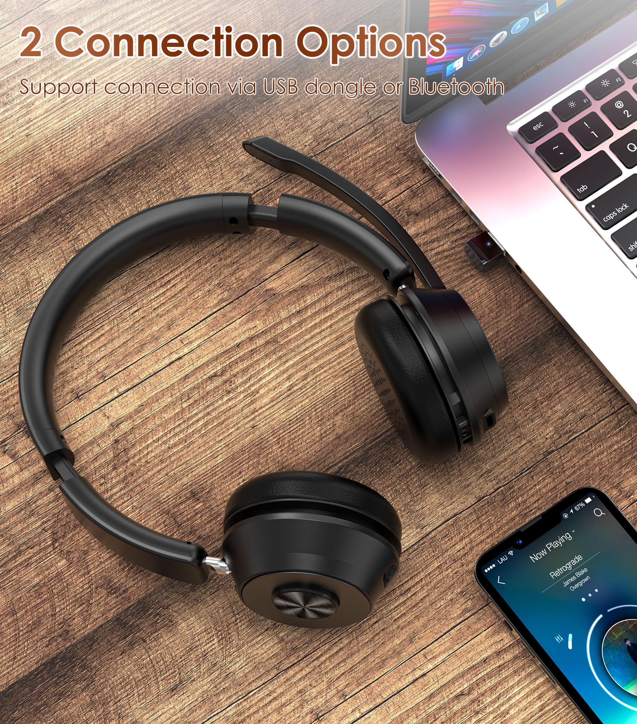 (Upgraded Version) Wireless Headset, Bluetooth Headset with Noise Cancelling Microphone, Best Headset with Mic Mute & USB Dongle for PC/Computer/Laptop/Cell Phones/Remote Work/Call Center