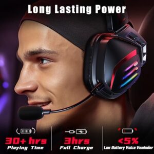 Wireless Gaming Headset for PS5 PS4 PC Switch, 2.4GHz Gaming Headphones with Microphone Detachable Noise Canceling, 7.1 Stereo, 30Hr Battery, USB & Type-C Double Dongle