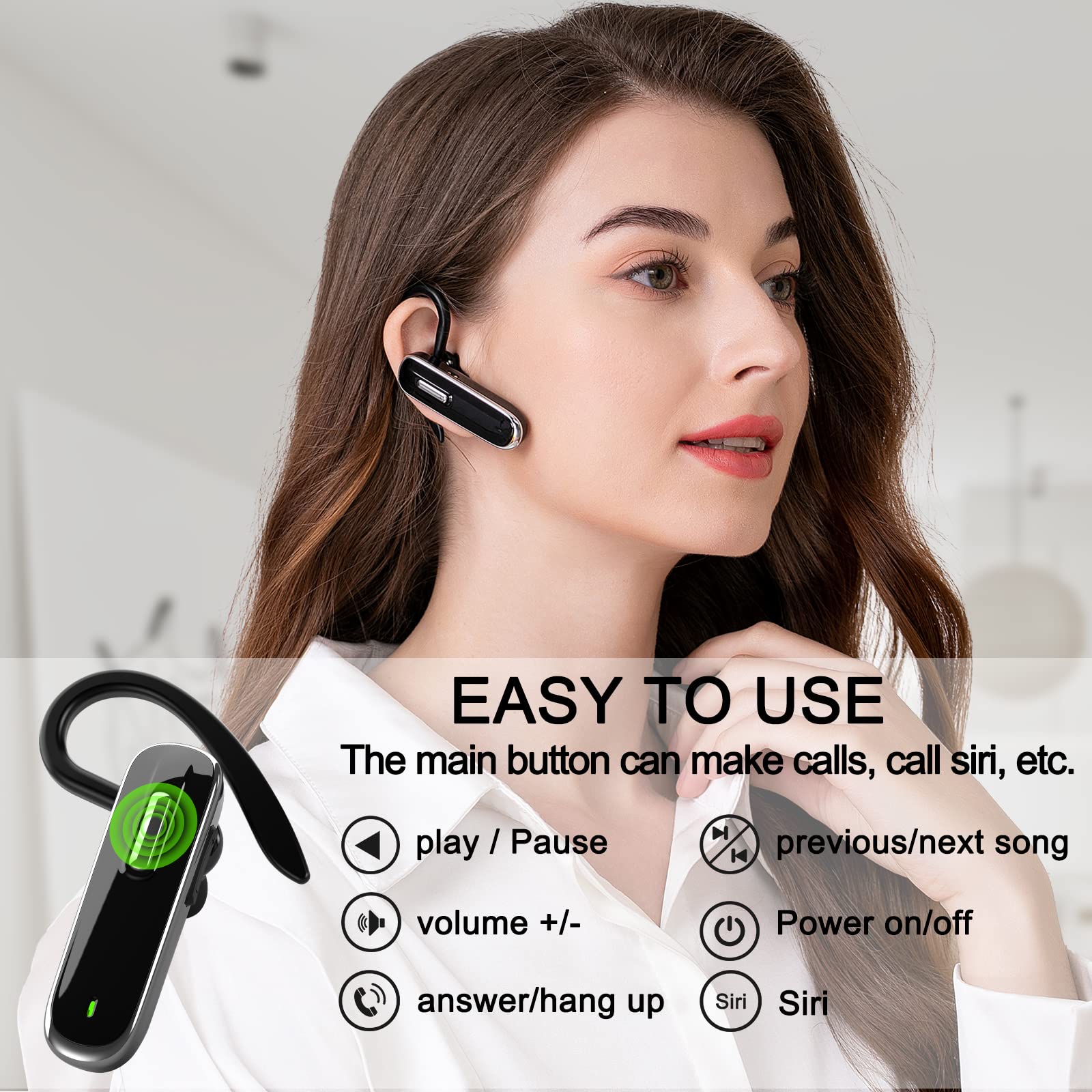 Jinreoo Bluetooth Earpiece for Cell Phones, V5.1 Wireless Headset Handfree with Battery Charging Case Built-in Microphone for iPhone Android Driver/Business/Office