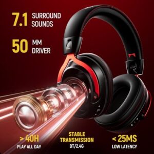 Ozeino Wireless Gaming Headset for PS5 PS4 PC Laptop -7.1 Surround Sound, Detachable Noise-Canceling Mic, 33H Playtime, 50mm Driver PS5 Headset