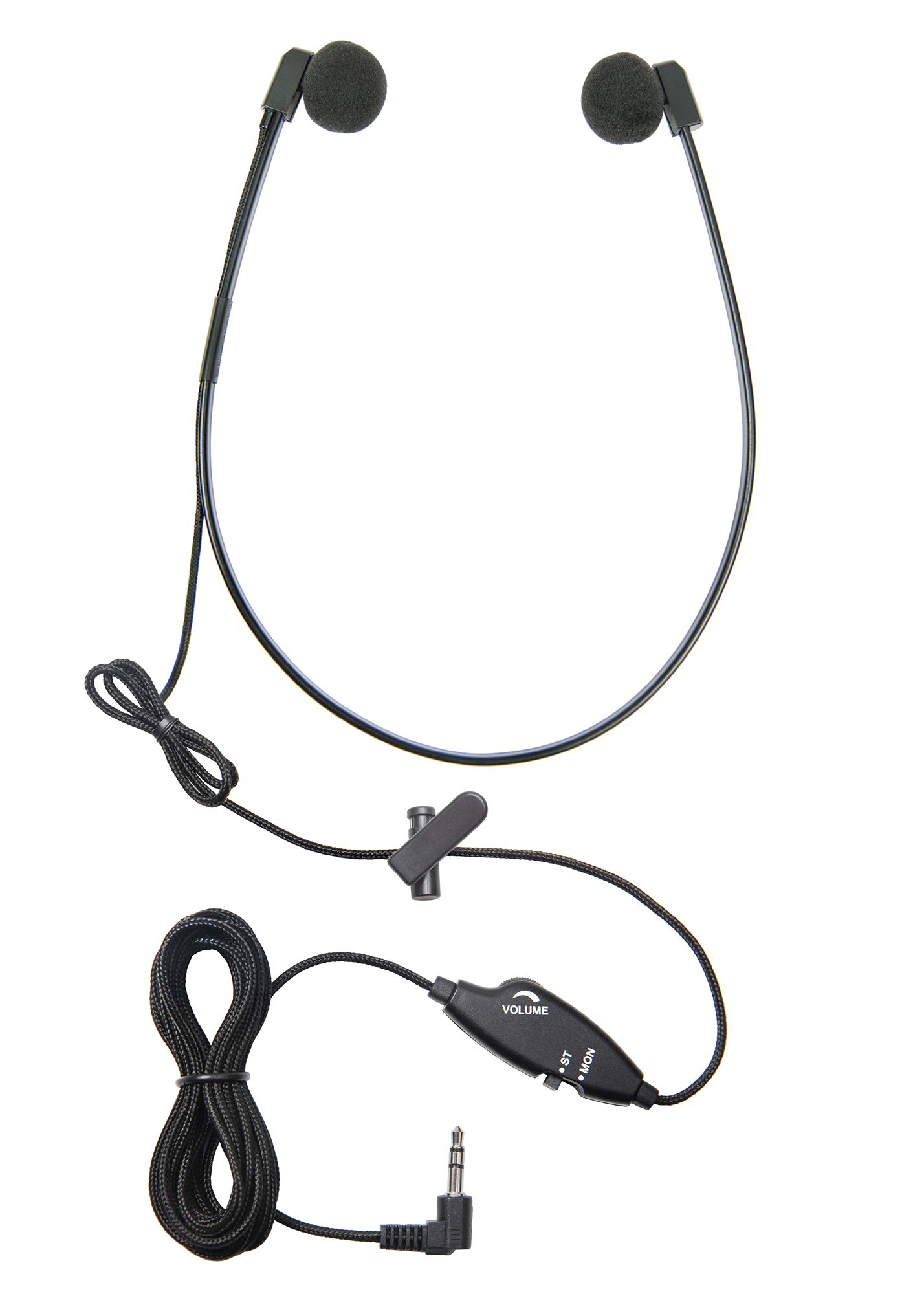 ECS WordHear-O 3.5mm transcription headset, in-line volume control, under chin, 10' cord with clothing clip, 3 extra pair extra of ear sponges, computer and transcribing headphones