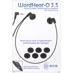 ECS WordHear-O 3.5mm transcription headset, in-line volume control, under chin, 10' cord with clothing clip, 3 extra pair extra of ear sponges, computer and transcribing headphones