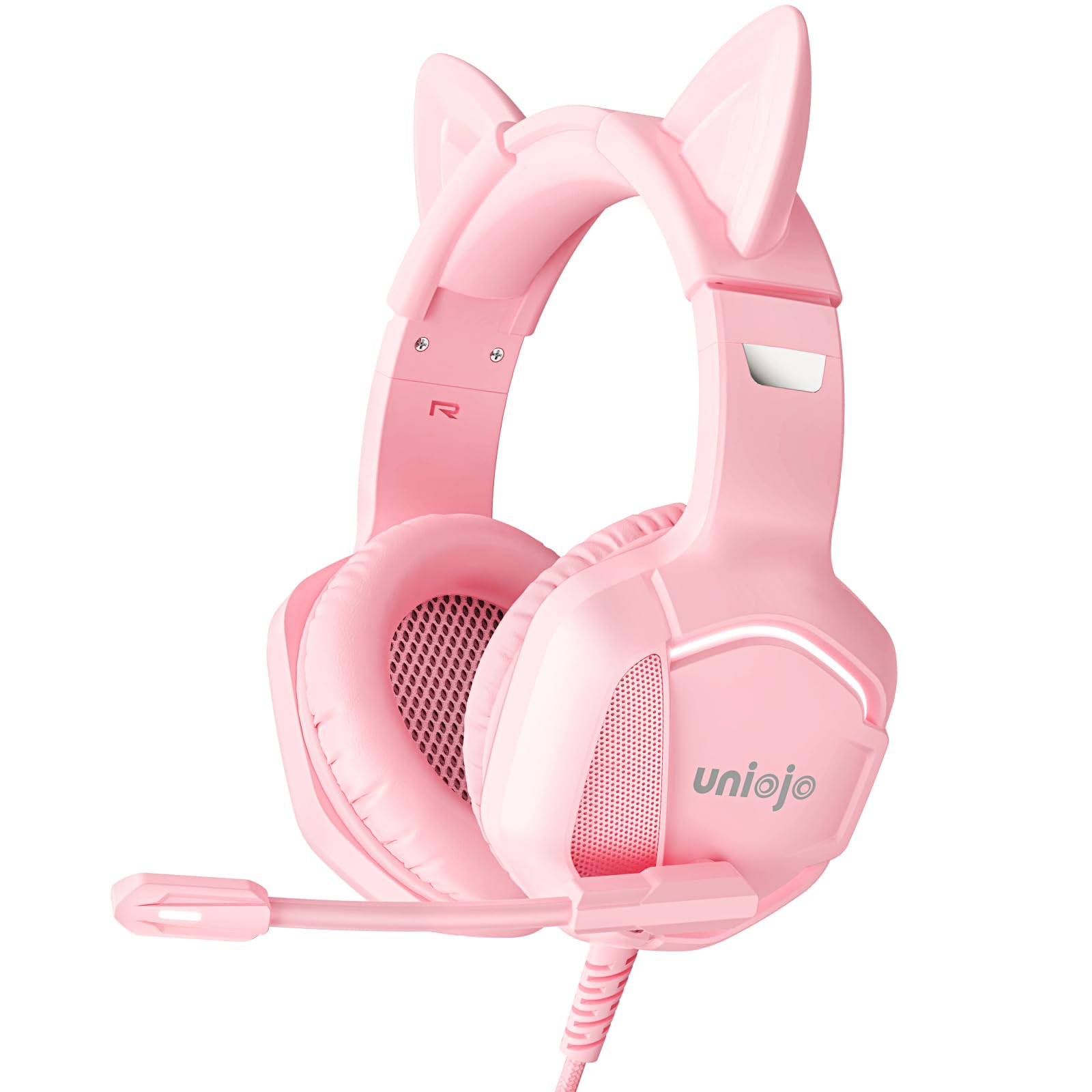 Pink Gaming Headset Noise-Canceling Mic with Stereo Surround，Wired Over-Ear Headphones with Retractable and Flexible Mic&Memory Foam Ear Pads,Removable Cat Ears，for Xbox Series, PS5, PS4, PC, Mobile.