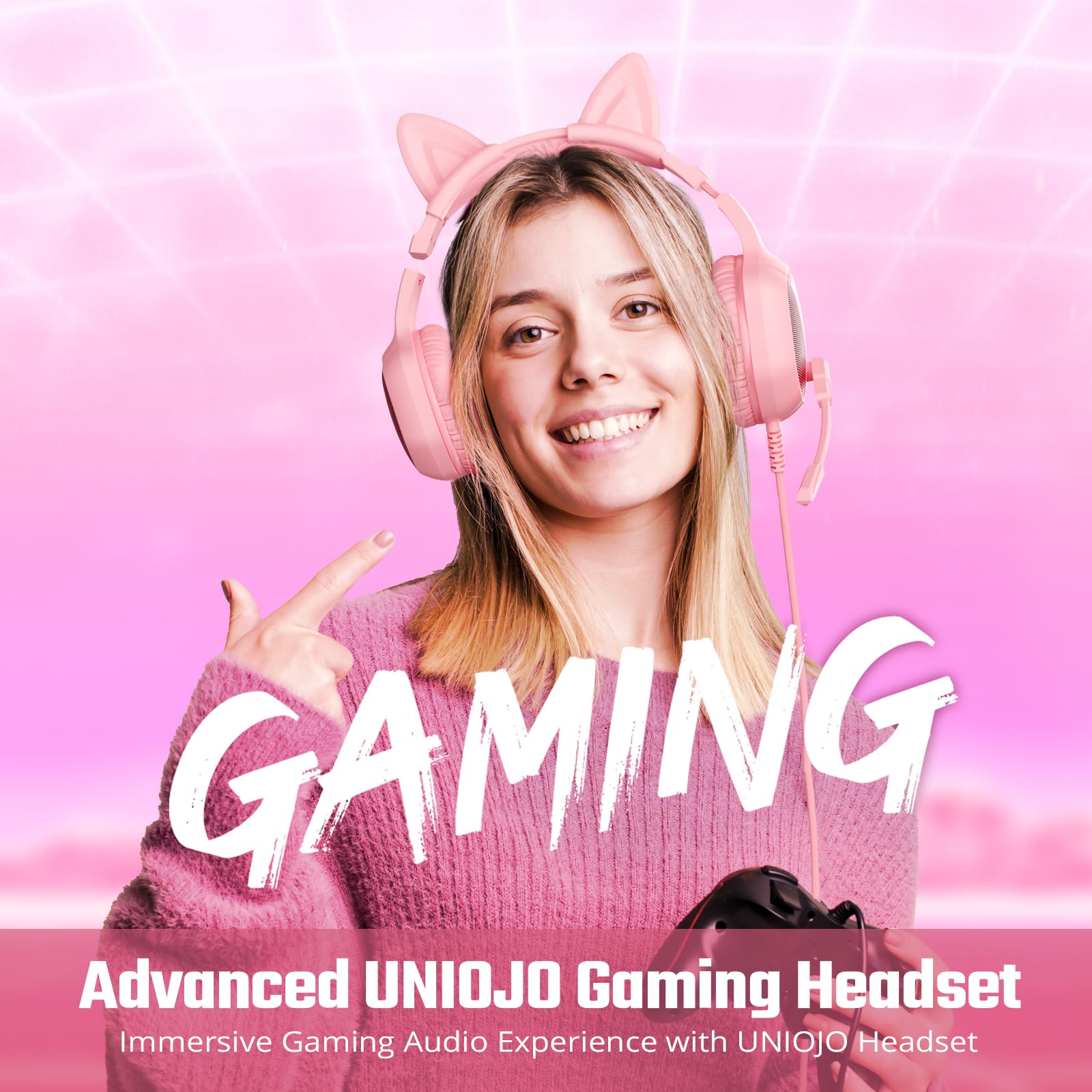 Pink Gaming Headset Noise-Canceling Mic with Stereo Surround，Wired Over-Ear Headphones with Retractable and Flexible Mic&Memory Foam Ear Pads,Removable Cat Ears，for Xbox Series, PS5, PS4, PC, Mobile.