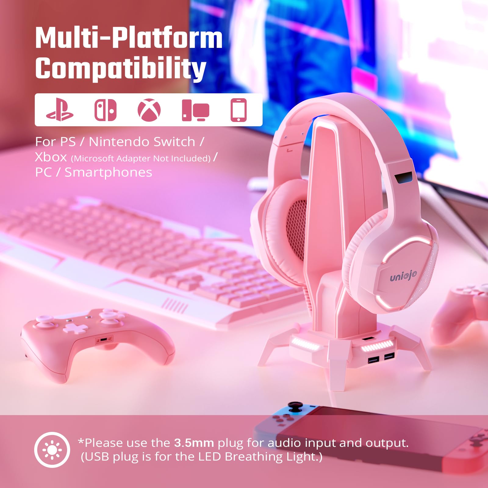 Pink Gaming Headset Noise-Canceling Mic with Stereo Surround，Wired Over-Ear Headphones with Retractable and Flexible Mic&Memory Foam Ear Pads,Removable Cat Ears，for Xbox Series, PS5, PS4, PC, Mobile.