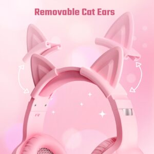 Pink Gaming Headset Noise-Canceling Mic with Stereo Surround，Wired Over-Ear Headphones with Retractable and Flexible Mic&Memory Foam Ear Pads,Removable Cat Ears，for Xbox Series, PS5, PS4, PC, Mobile.