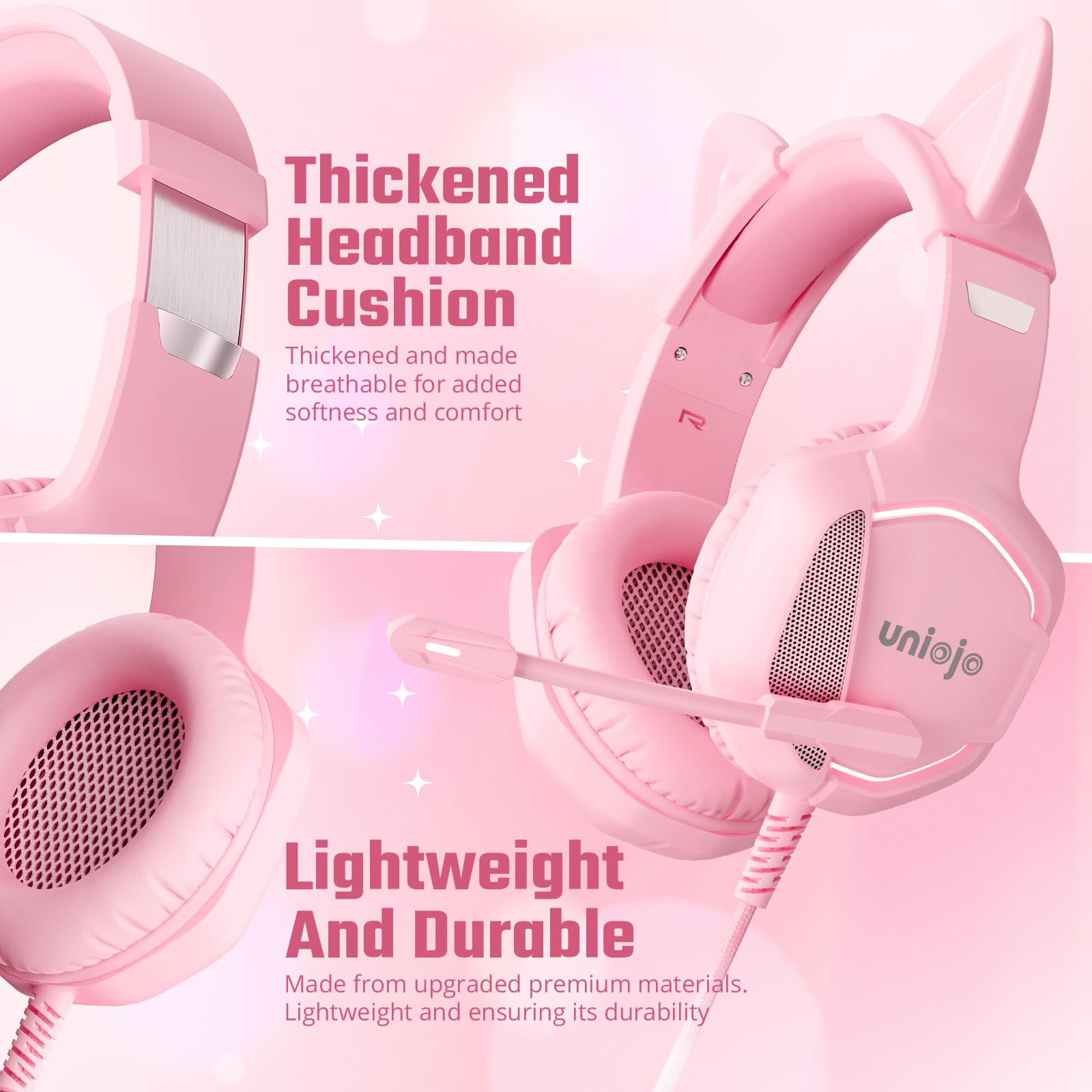 Pink Gaming Headset Noise-Canceling Mic with Stereo Surround，Wired Over-Ear Headphones with Retractable and Flexible Mic&Memory Foam Ear Pads,Removable Cat Ears，for Xbox Series, PS5, PS4, PC, Mobile.