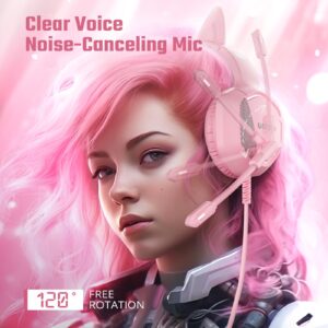 Pink Gaming Headset Noise-Canceling Mic with Stereo Surround，Wired Over-Ear Headphones with Retractable and Flexible Mic&Memory Foam Ear Pads,Removable Cat Ears，for Xbox Series, PS5, PS4, PC, Mobile.