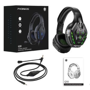 PHOINIKAS PS5 Gaming Headset for PS4, PC, Switch, Q10 Xbox One Headset with Stereo Sound, Detachable Mic, Wireless Bluetooth 5.3 Headphone only for Laptop/Phone/Tablet, 20H Battery (Green)