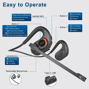 BANIGIPA Bluetooth Headset with Removable Microphone, Noise Cancelling Wireless Headset for Phones Laptop Computer PC, Open Ear Headphones for Office Meeting Running Cycling Driving Working-12 Hrs