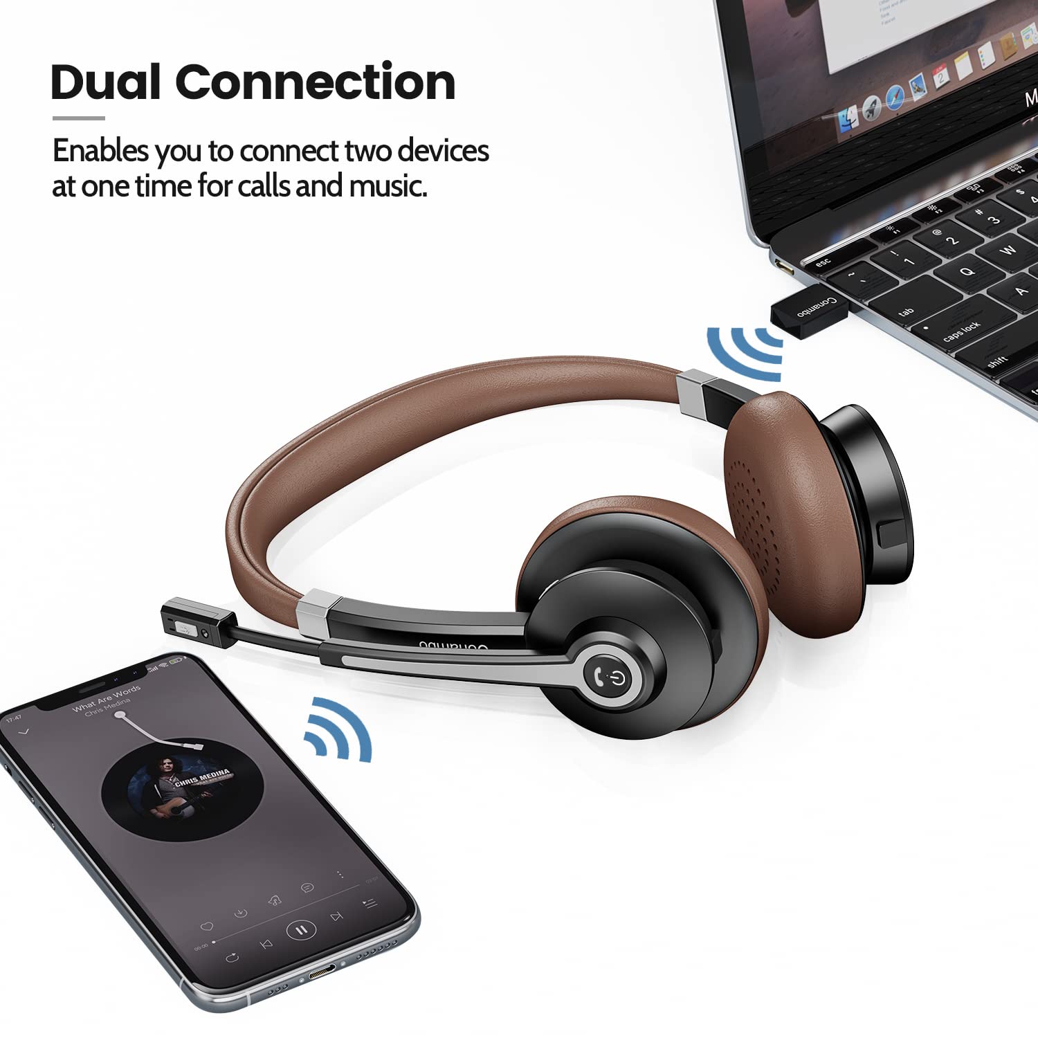 Bluetooth Headset V5.0, Hands free Wireless Headset with Noise Cancelling Microphone for Cell Phone, HD Stereo Sound & 25Hrs Playtime On-Ear Computer Headphones with USB-A Dongle for PC Laptop Skype