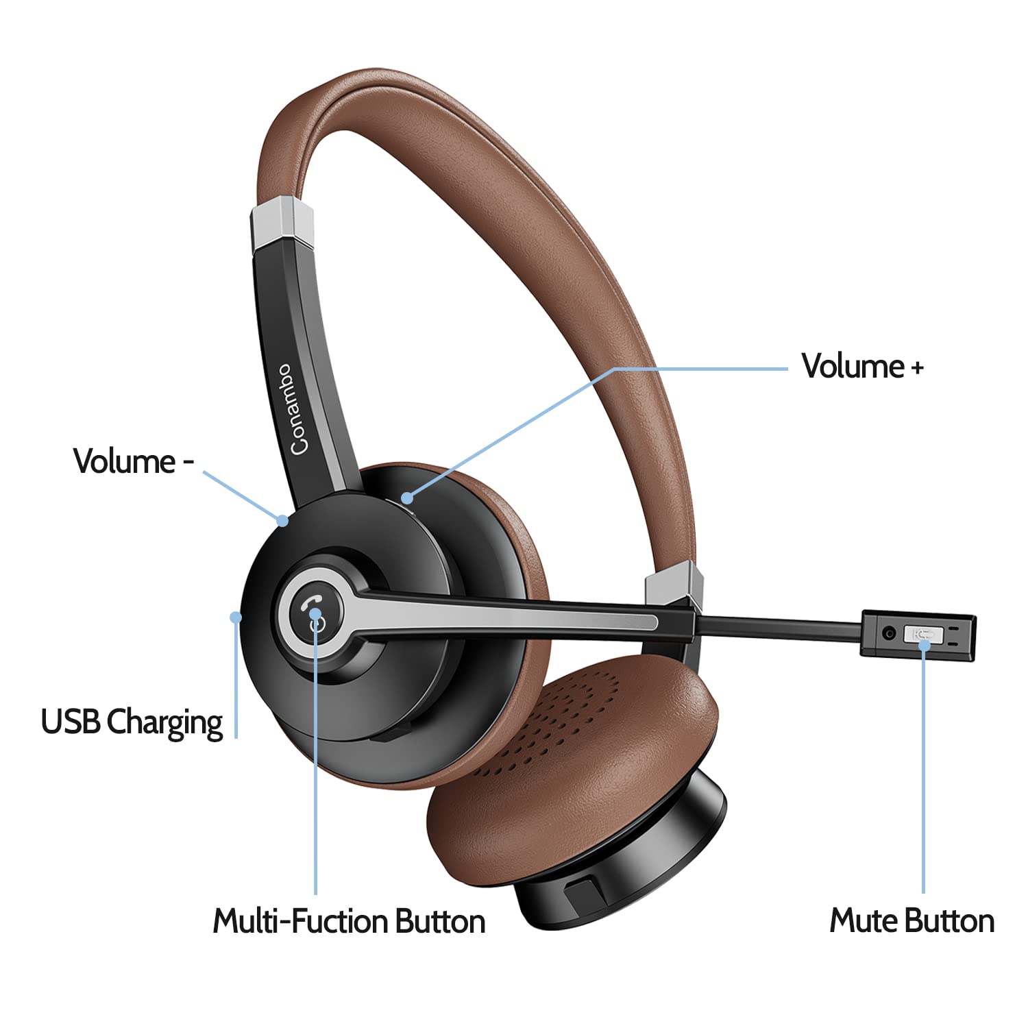 Bluetooth Headset V5.0, Hands free Wireless Headset with Noise Cancelling Microphone for Cell Phone, HD Stereo Sound & 25Hrs Playtime On-Ear Computer Headphones with USB-A Dongle for PC Laptop Skype