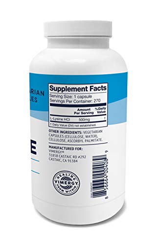 Vimergy L-Lysine 500MG Capsules, 270 Servings – Essential Amino Acid – Supports Immune System, Healthy Skin, Muscles, Bone & Tissue – Vegetarian, Non-GMO, No Gluten, Kosher (270 count)