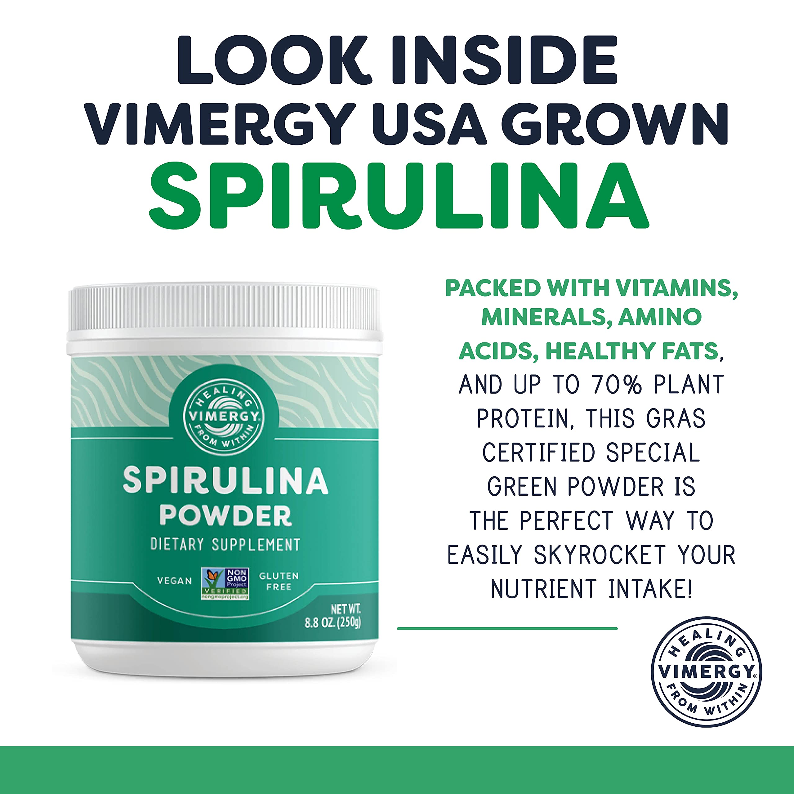 Vimergy Natural Spirulina Powder, 83 Servings – Super Greens Powder – Nutrient Dense Blue-Green Algae Superfood for Smoothies & Juices – Immune Support - Non-GMO, Gluten-Free, Vegan & Paleo (250g)