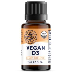 vimergy usda organic vegan vitamin d3 extract, 96 servings – supports strong bones & healthy immune system – alcohol free liquid vitamin d3 drops - gluten-free, non-gmo, kosher, vegan & paleo (15 ml)