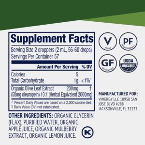 Vimergy Organic Olive Leaf Extract, 57 Servings – Pure Olive Leaf Liquid Drops – Supports Immune and Cardiovascular Health - USDA Organic, Gluten-Free, Non-GMO, Vegan & Paleo Friendly (115 ml)