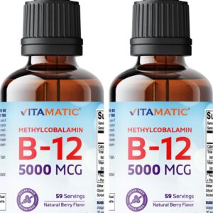 Vitamatic 2 Packs Fast Acting Liquid Vitamin B12 5000 mcg (Methylcobalamin) - Natural Berry Flavor - Sublingual Supplement - Faster Absorption - 2 OZ