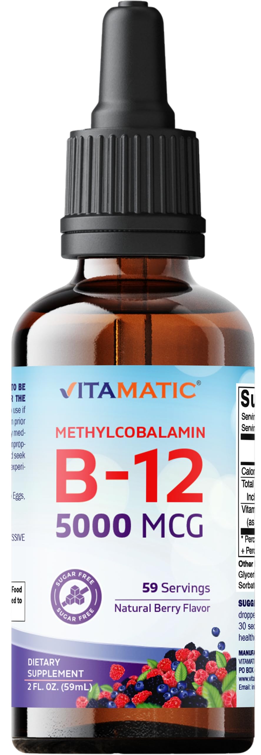 Vitamatic 2 Packs Fast Acting Liquid Vitamin B12 5000 mcg (Methylcobalamin) - Natural Berry Flavor - Sublingual Supplement - Faster Absorption - 2 OZ