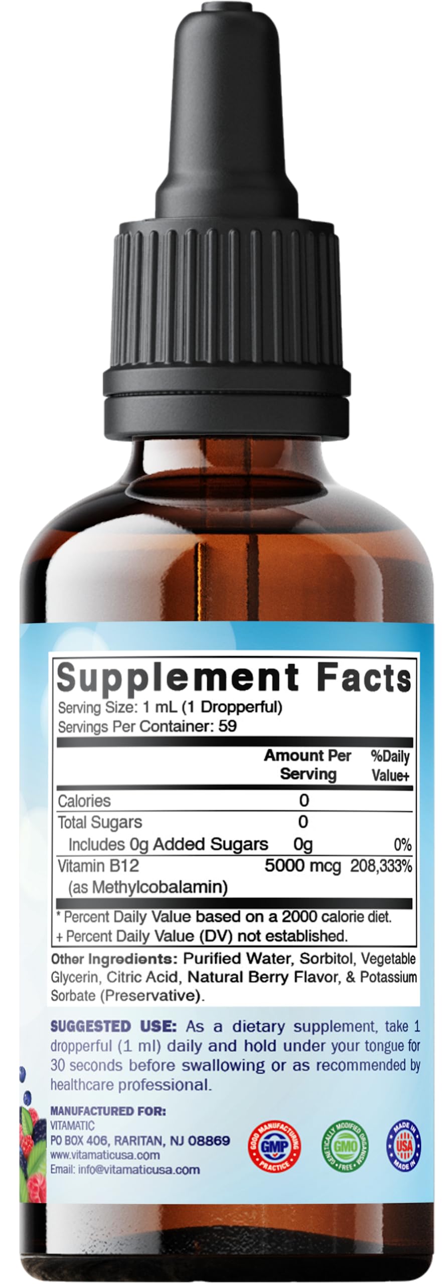 Vitamatic 2 Packs Fast Acting Liquid Vitamin B12 5000 mcg (Methylcobalamin) - Natural Berry Flavor - Sublingual Supplement - Faster Absorption - 2 OZ